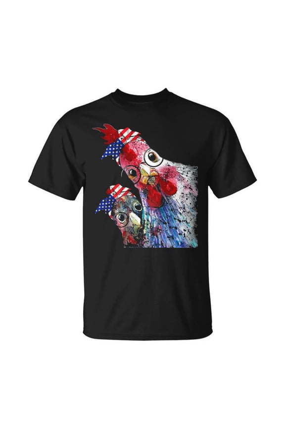 Chicken with Glasses American Flag Graphic Tee Unisex Adult Cotton Casual Funny Farm Animal Patriotic Gift T-Shirt, Size 5XL, Color Black