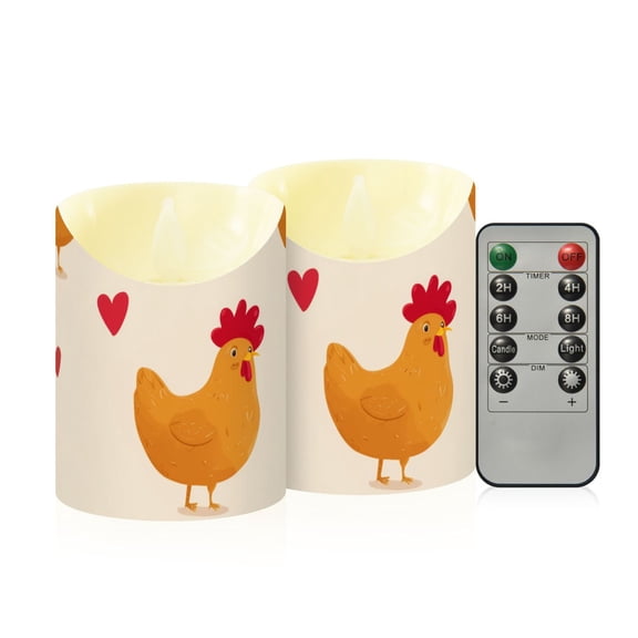 Chicken with Red Hearts Valentine Flickering Flameless Candles with Remote Timer Battery Operated LED Tealight Set of 2 S
