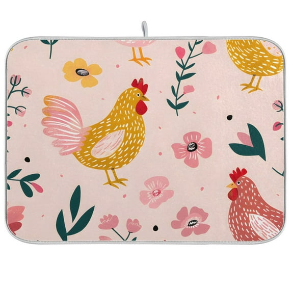 Chickens Dish Drying Mat Dish Drainer Rack Mats Water Absorbent Non-Slip Easy Clean Heat Resistant for Kitchen Counter
