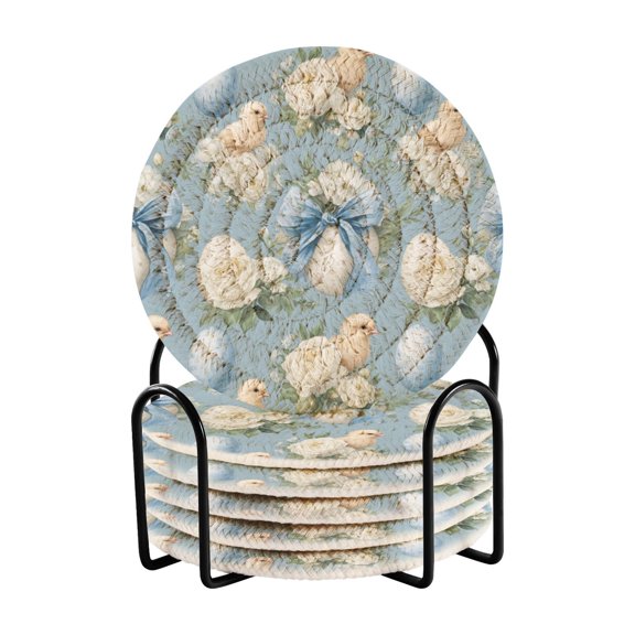 Chickens Easter Eggs with Bows Flowers Drinking Coasters Cup Mat with Holder for Kitchen Cafe Bar 6 Packs