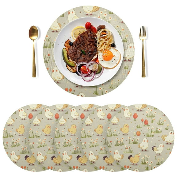Chickens Flowers Black Round Placemats Plate Mats 15 Inch Non-Slip Heat Resistant Washable PVC Set Indoor for Kitchen Dining Table 1PC