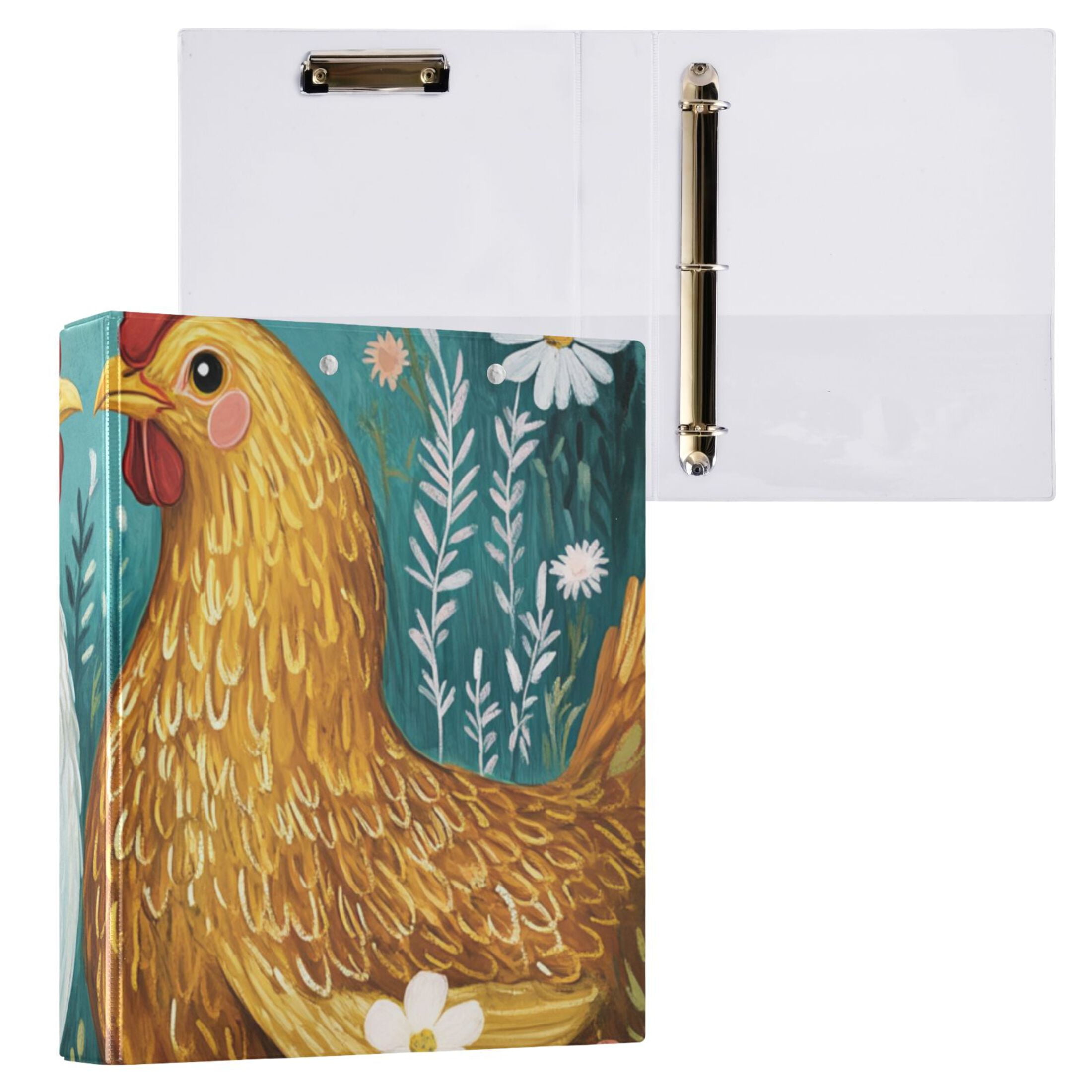 Chickens Flowers Green 3 Ring Binders 1.5 inch Hardcover File Folders with Interior Pockets A4 Size Organizer for School Office Hospital