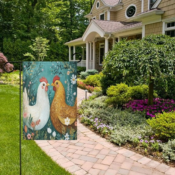 Chickens Flowers Green Garden Flag Double Sided 12 x 18 Inch Outside Yard Decoration Outdoor Flag
