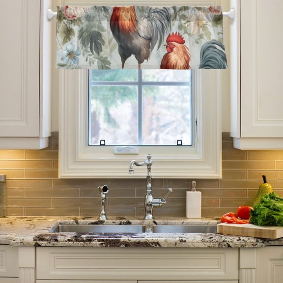 Chickens Flowers Leaves Curtain Valances Farmhouse Design Window Treatment Decor Blackout Rod Pocket for Windows Living Room Kitchen 54" x 18"