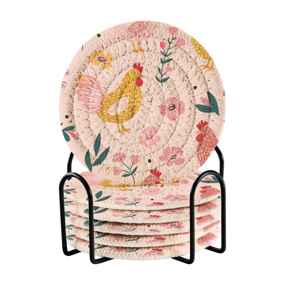 Chickens Flowers Leaves Drinking Coasters Cup Mat with Holder for Kitchen Cafe Bar 6 Packs
