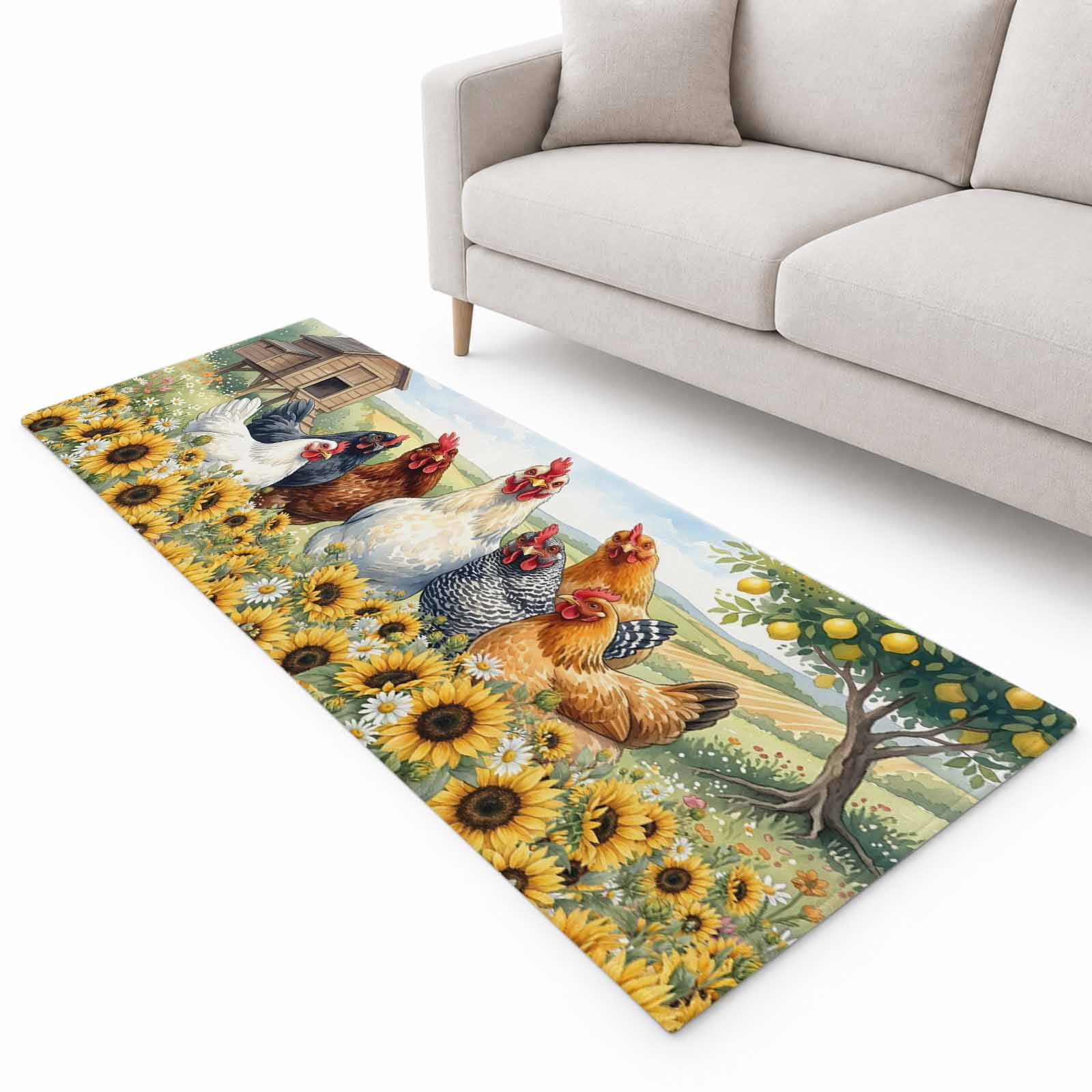 Chickens Rooster Runner Rug 2.6'x10', Yellow Sunflowers Barn Farmhouse ...