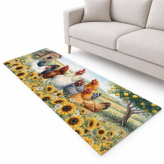Chickens Rooster Runner Rug 2'x6', Yellow Sunflowers Barn Farmhouse ...