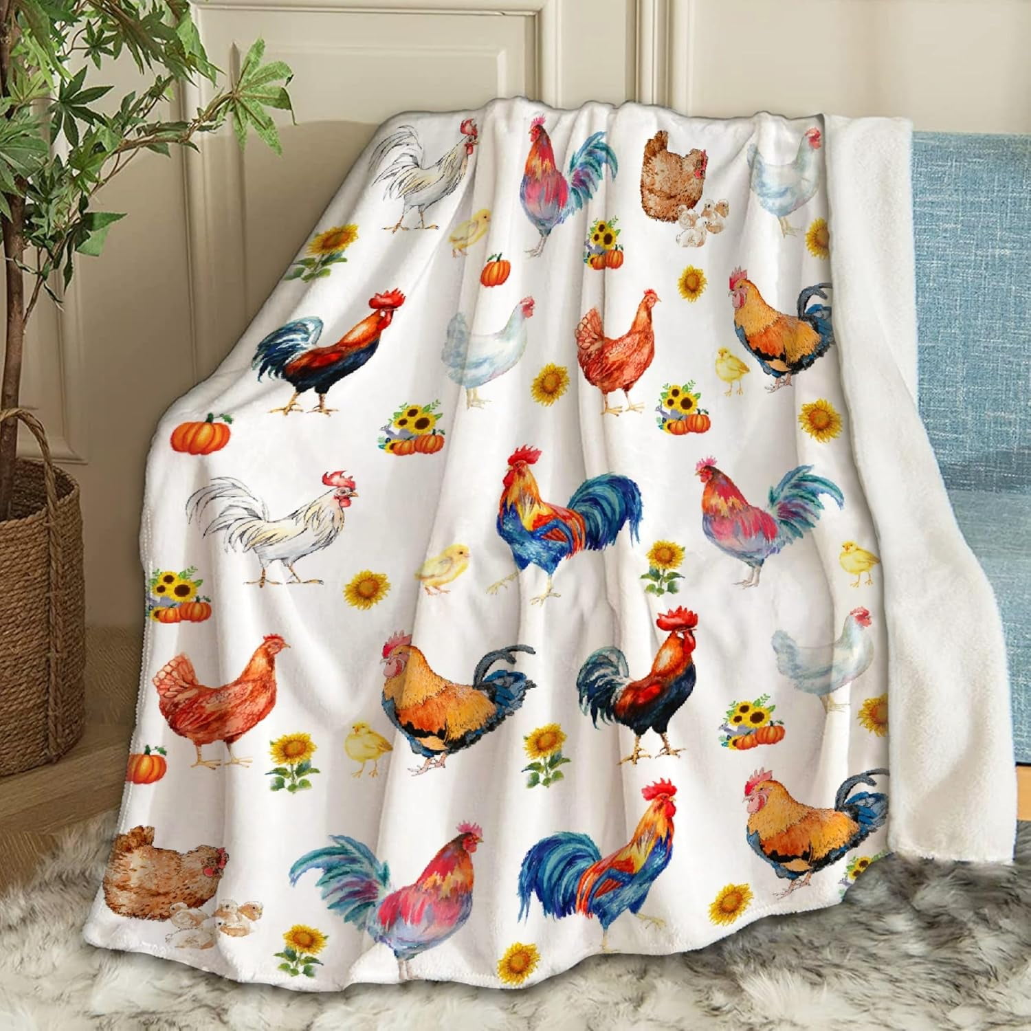 Chickens Rooster Sunflowers Blanket Gifts Plush Fuzzy Cozy Soft Lightweight Blankets for Couch Air-Conditioning Quilts Decor Blanket for Chirstmas Gifts 80"x60" for Adults