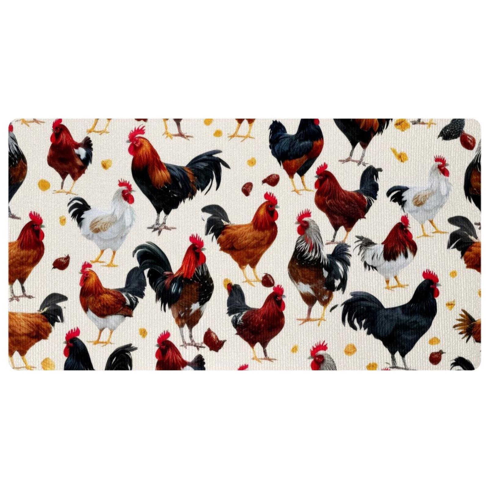 Chickens and Roosters on White Background Kitchen Mat, Anti Fatigue
