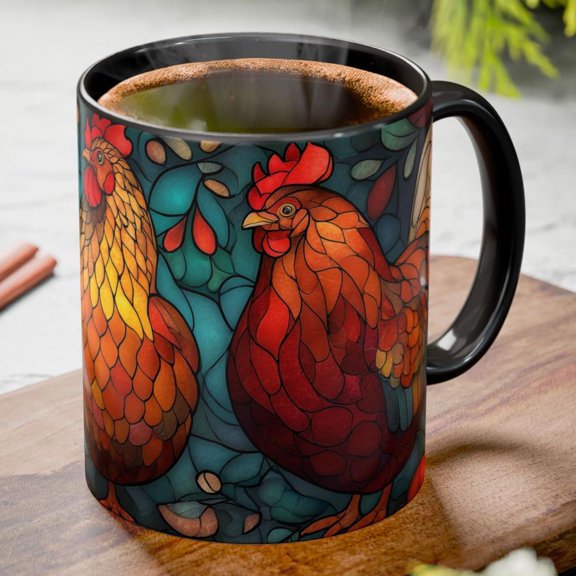 Chickens Stained Glass Mug  11oz & 15oz - Farm Chicken Coffee Cup  Rustic Farmhouse Rooster Hen Art  Country Kitchen Gift