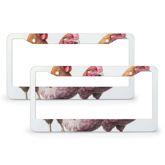 Chickens Standing Outside License Plate Frames 2 Pcs Set Watercolor Rooster License Plate Cover License Plate Novelty License Plate Frame for US And CA Quality Aluminum Metal License Plate Cover