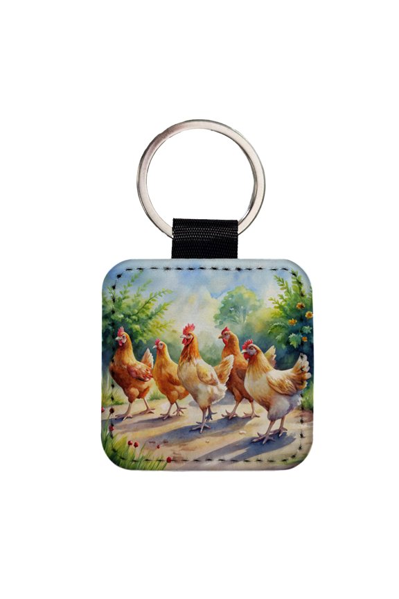 Chickens Walking Around Watercolor Faux Leather Square Keychain