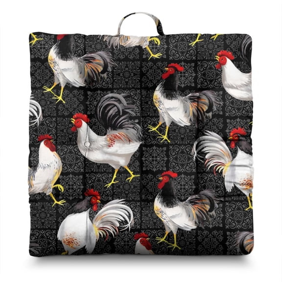 Chickens & Wildflowers Tatami Mat Seat - Thick 4.7" Japanese-style Floor Cushion with Farm Animal Aesthetic