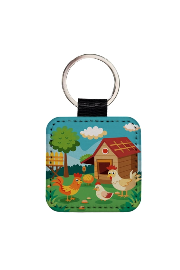 Chickens and Coop Cute Faux Leather Square Keychain