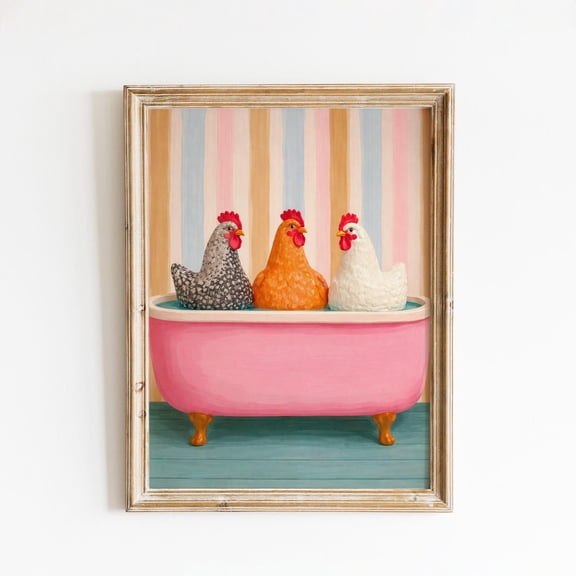 Chickens in Bathtub Poster, Farm Animal Bathroom Art, Cute Hen Wall Decor Poster Unframed Paper Print