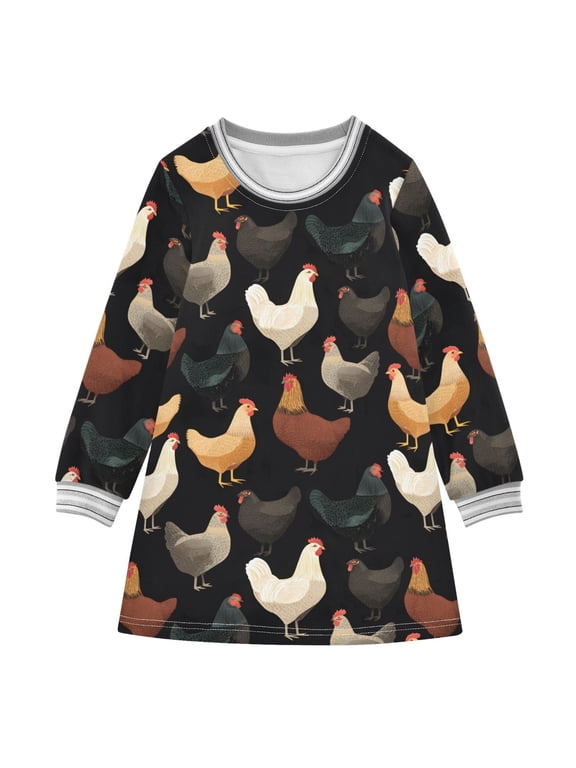 Chickens in Various Poses Pattern Girls'long-sleeved dress Thickened A-dress Warm Dress Basic Shirt Party Dresses