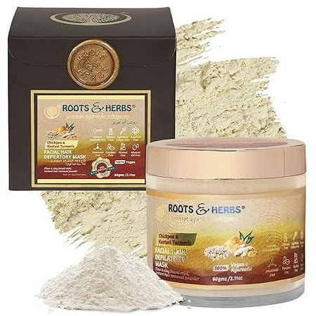 Chickpea & Kasturi Turmeric Facial Hair Remover - Men’s & Women’s Facial Hair Removal Powder for Chin, Jaw Line, & Upper Lips - Depilatory Powder Mask with Ayurvedic Herbs - Roots & Herbs