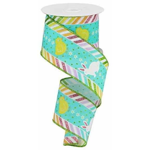 Chicks & Bunnies with Diagonal Border on Canvas Wired Edge Ribbon, 10 Yards (Green, 2.5 Inch)
