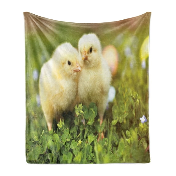 Chicks Soft Flannel Fleece Throw Blanket, Photo of Little Chickens on Clovers with Blurry Backdrop Easter Eggs, Cozy Plush for Indoor and Outdoor Use, 70" x 90", Pale Yellow Fern Green, by Ambesonne