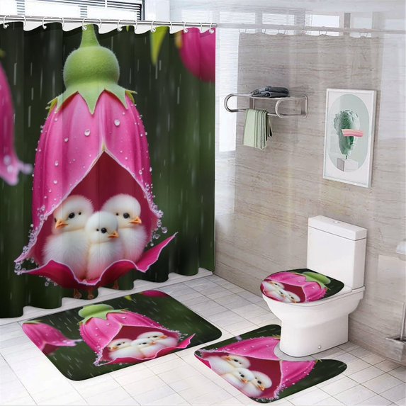 Chicks in A Flower Shower Curtain Sets Non-Slip Rugs Bath Mat Toilet Cover U Shaped Mat 4 Pcs