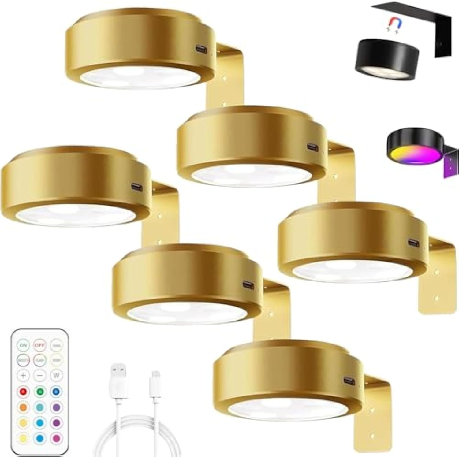 Chiclify Magnetic Picture Lights – Battery-Powered, No-Drill Wall Art Lamps With 3 Color Temps, Remote, Timer (Gold, 3-Pack, RGB)