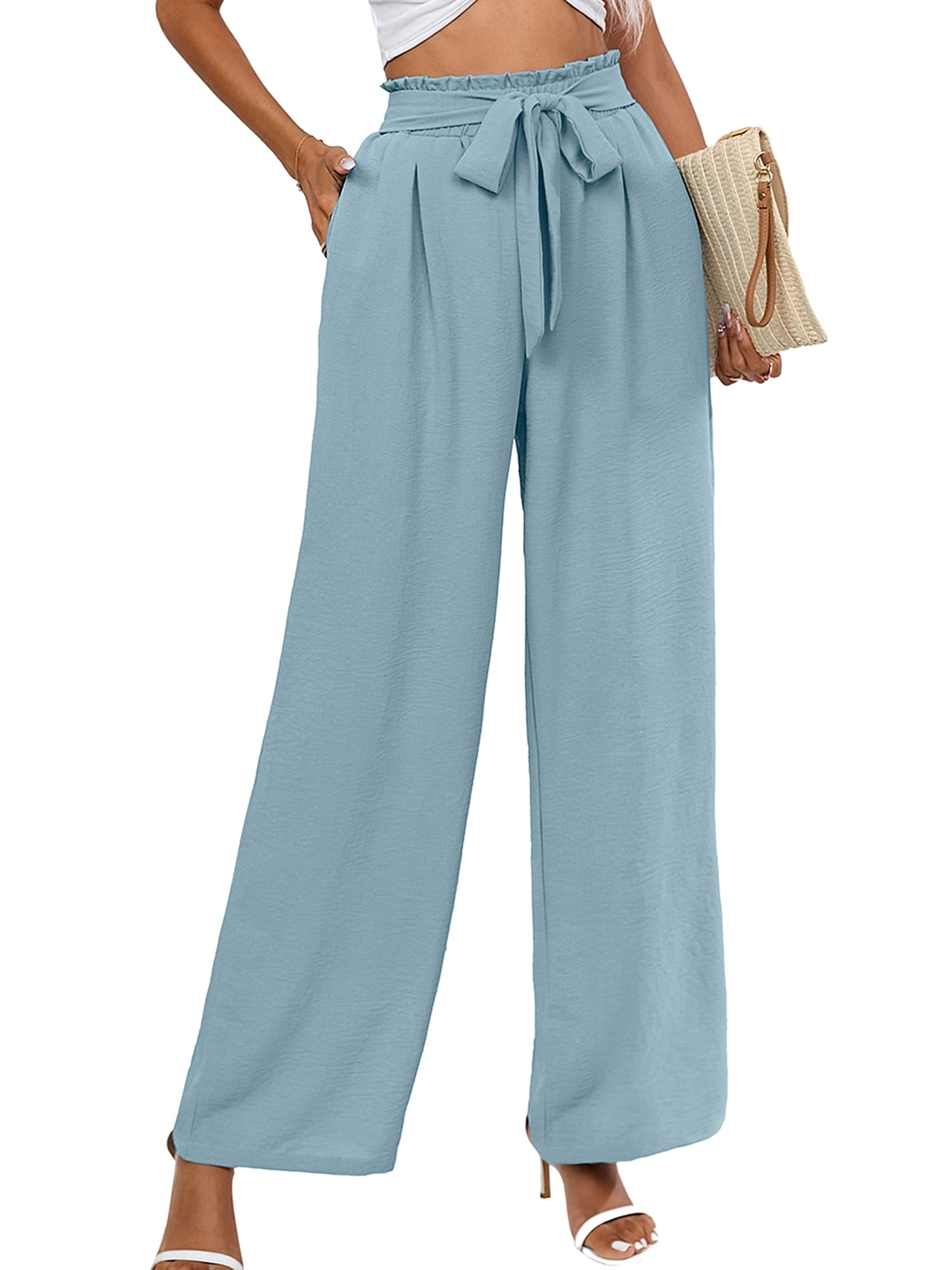 Chiclily Belted Wide Leg Pants for Women High Waisted Business Casual  Palazzo Pants Work Trousers Loose Flowy Summer Beach Lounge Pants with  Pockets, US Size Small in Blue Gray 