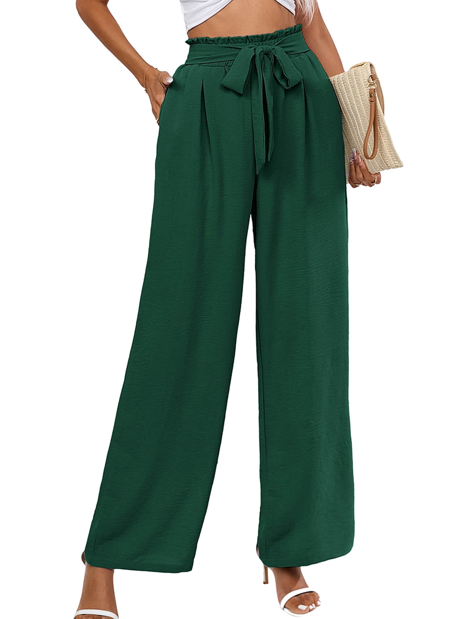 Womens Pants Casual Work Size 16 Womens Casual Solid Color Loose Pockets  Elastic Belt Waist Pants Long Trousers