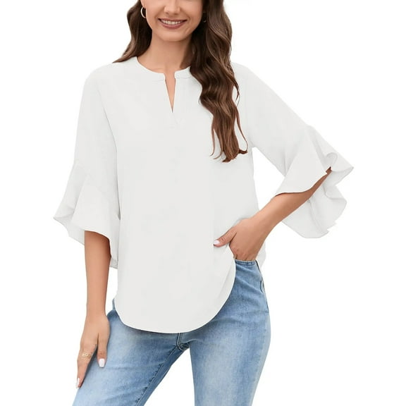 Chiclily Blouse for Women Casual V-Neck Loose Top 3/4 Sleeve Tunic Solid Color Blouse, US Size Small in White