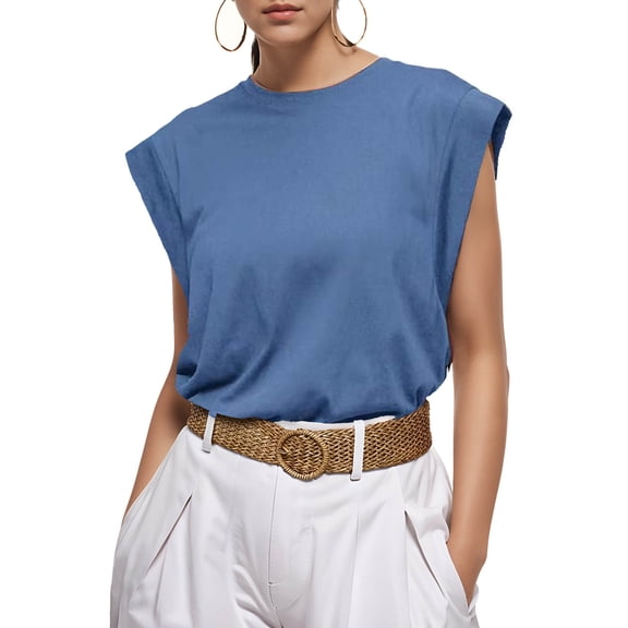 Chiclily Cap Sleeve Tank Tops for Women Summer Casual Loose Fit Tunic Tops, Blue M