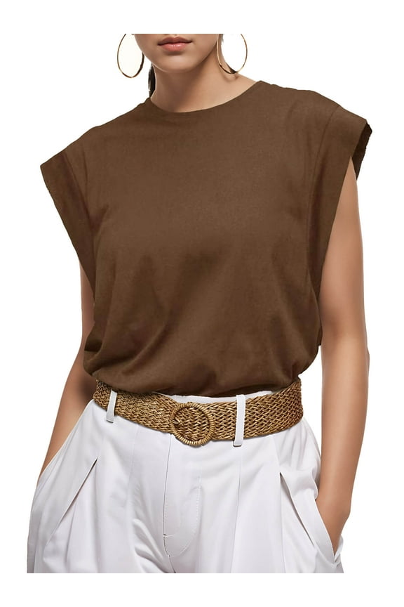 Cap Sleeve Tank Tops for Women Summer Casual Basic T-Shirts, Coffee 2XL