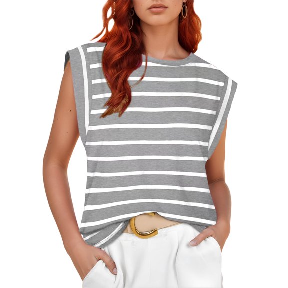 Chiclily Cap Sleeve Tank Tops for Women Summer Casual Basic T-Shirts, Gray Stripe S