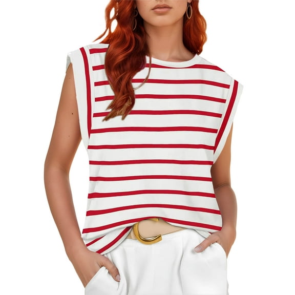 Chiclily Cap Sleeve Tank Tops for Women Summer Casual Basic T-Shirts, Red Stripe L
