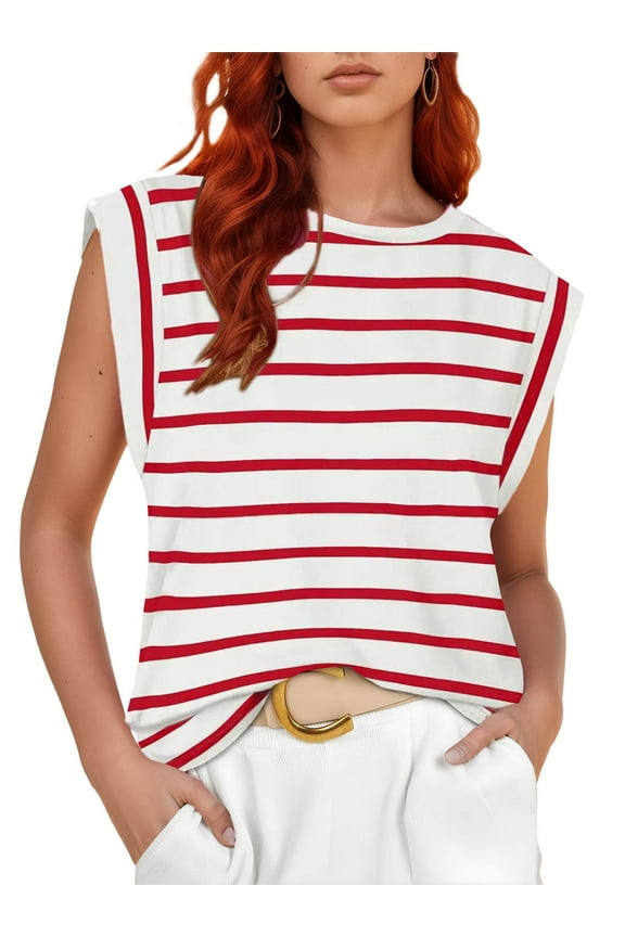 Cap Sleeve Tank Tops for Women Summer Casual Loose Fit Tunic Tops, Red Stripe M
