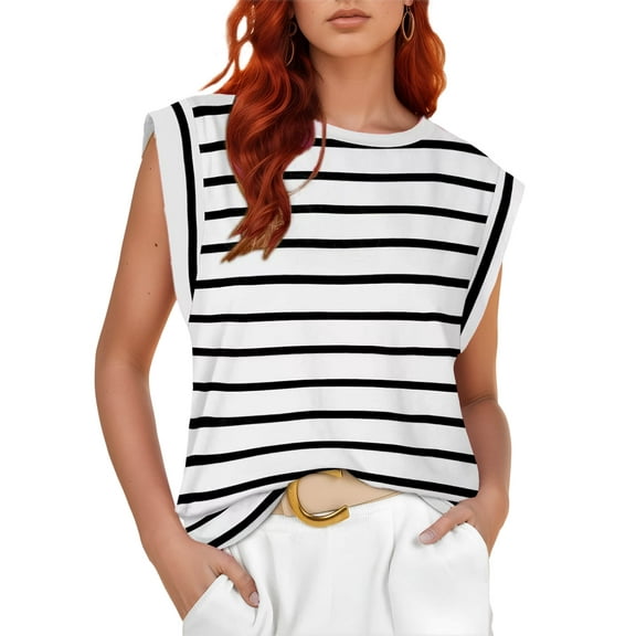 Chiclily Cap Sleeve Tank Tops for Women Summer Casual Loose Fit Tunic Tops, White Stripe XL