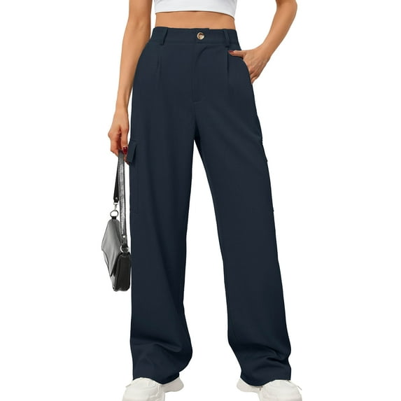 Chiclily Cargo Pants for Women High Waisted Casual Trousers Navy Blue S Baggy Stretchy Wide Leg Streetwear Punk Pants for Women with 4 Pockets