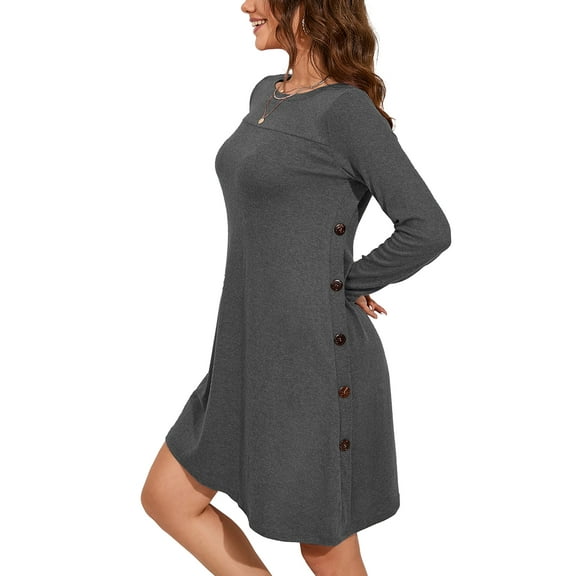 Chiclily Casual Tunic Dress for Women Long Sleeve Irregular Hem Button Sweater Dresses, US Size XL in Dark Grey