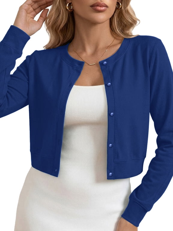 Women's Cropped Cardigan Sweaters Long Sleeve Crew Neck Button Down Knit Bolero Shrugs Tops