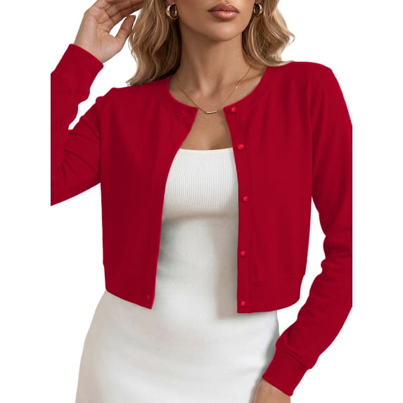 Chiclily Women's Long Sleeve Cropped Cardigan Casual Crew Neck Button Front Sweater Tops S-2XL