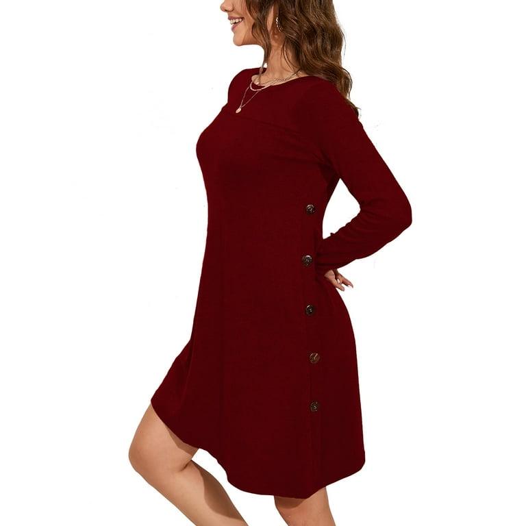 Chiclily Women Fall Dress Long Sleeve Loose Tunic Sweaters Pullover US Size Medium in Wine Red Walmart