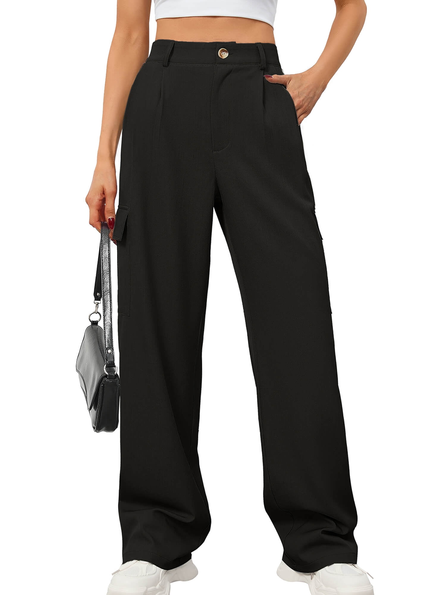 Chiclily High Waist Stretch Cargo Pants Black 2XL Women