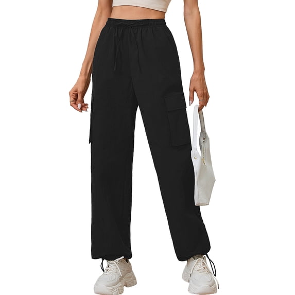 Chiclily Women Wide Leg Pants Lightweight Quick Dry Cargo Sweatpants with 4 Pockets, Black S