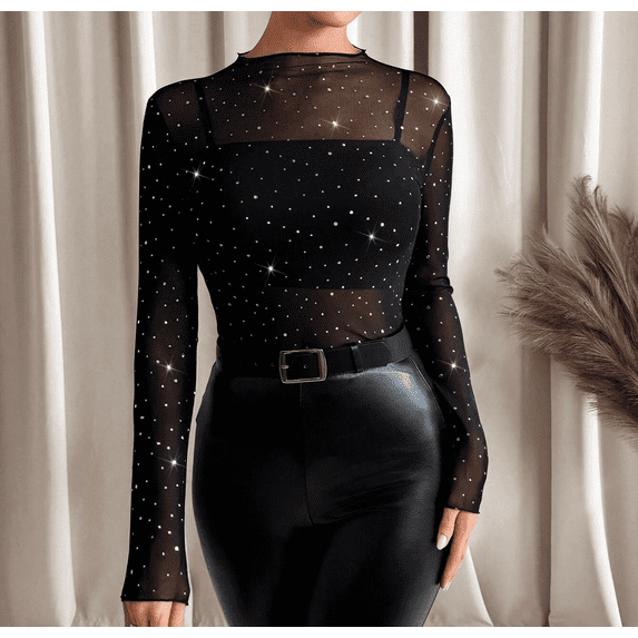 Chiclily Lace Top with Long Sleeves Stand Collar Floral Sexy Mesh See Through Shirts Blouse Ideal for Parties and Clubs S-2XL in White Polka Dots