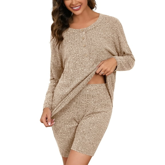 Chiclily Pajamas Set for Women Camel S Ribbed Knit Long Sleeve Top and Biker Shorts 2 Piece Lounge Sets Sleepwear Sweatsuits