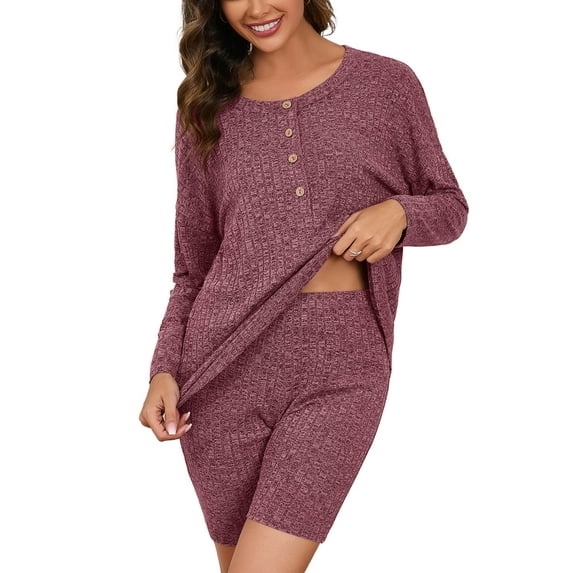 Chiclily Soft & Comfy Lounge Sets for Women Burgundy M Ribbed Knit Long Sleeve Top and Biker Shorts 2 Piece Loungewear Pajamas Set