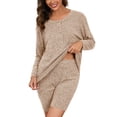 thumbnail image 1 of Chiclily Soft & Comfy Lounge Sets for Women Camel M Ribbed Knit Long Sleeve Top and Biker Shorts 2 Piece Loungewear Pajamas Set, 1 of 5