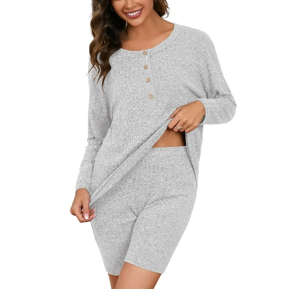 Chiclily Soft & Comfy Lounge Sets for Women Light Gray M Ribbed Knit Long Sleeve Top and Biker Shorts 2 Piece Loungewear Pajamas Set