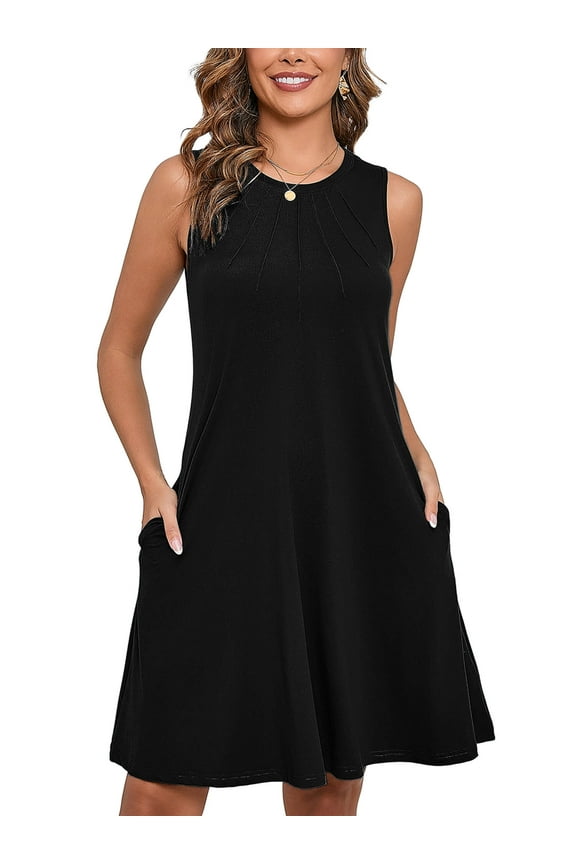 Summer Dresses for Women Casual Beach Sleeveless Pleated Front Tank Dress with Pockets, Black L