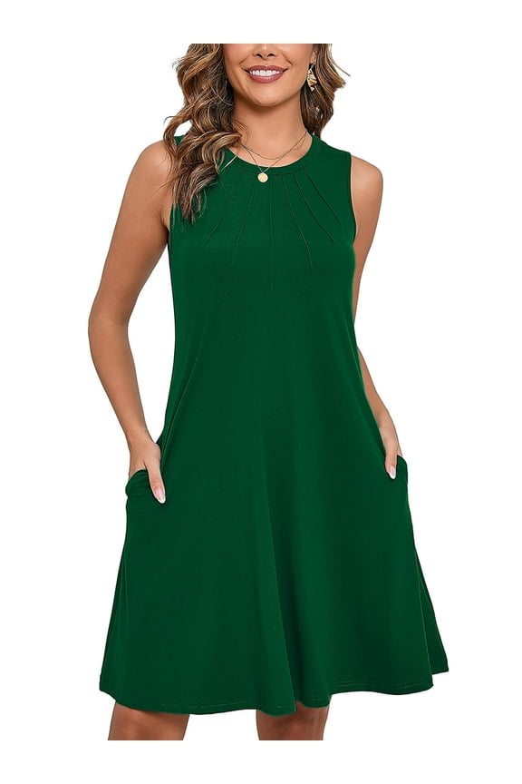 Summer Dresses for Women Casual Beach Sleeveless Pleated Front Tank Dress with Pockets, Green L