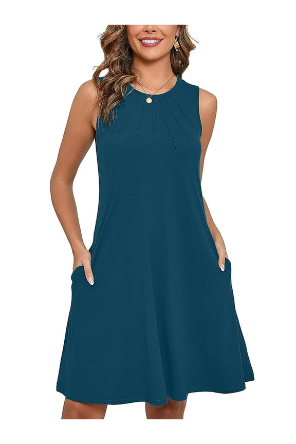 Summer Dresses for Women Casual Beach Sleeveless Pleated Front Tank Dress with Pockets, Indigo Blue L
