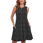 Chiclily Summer Dresses for Women Casual Beach Sleeveless Pleated Front Tank Dress with Pockets, Polka Dot Black S